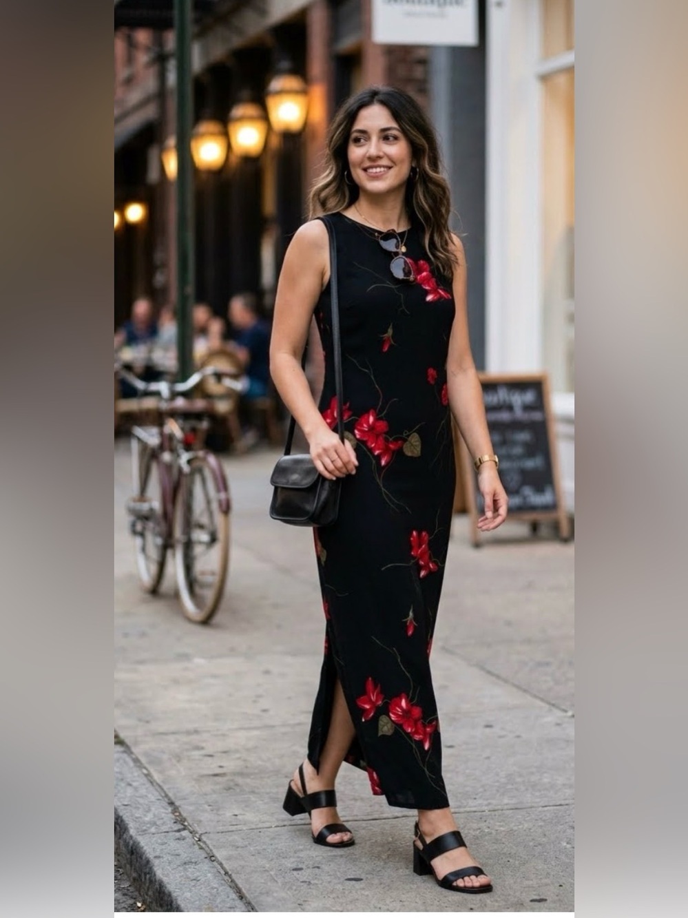 Jessica Howard Black Fairycore Maxi Dress with Red Floral Print size 12 (Y100)